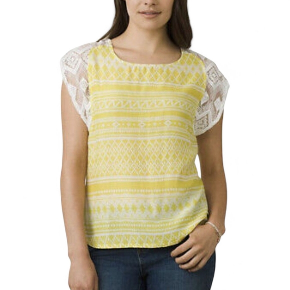 Prana Yellow Geo Print Blouse‎ Boho Cap Sleeve Lace Shoulder Women's Size Small - Picture 1 of 5